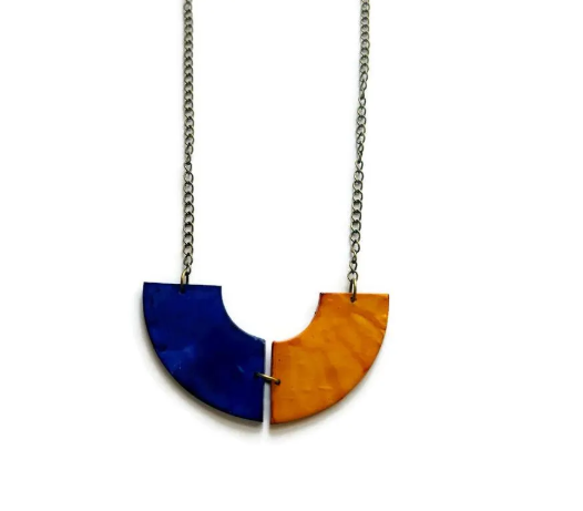 Yellow & Indigo Pendant Necklace – Handmade from Polymer Clay, Semi Circle Statement Piece