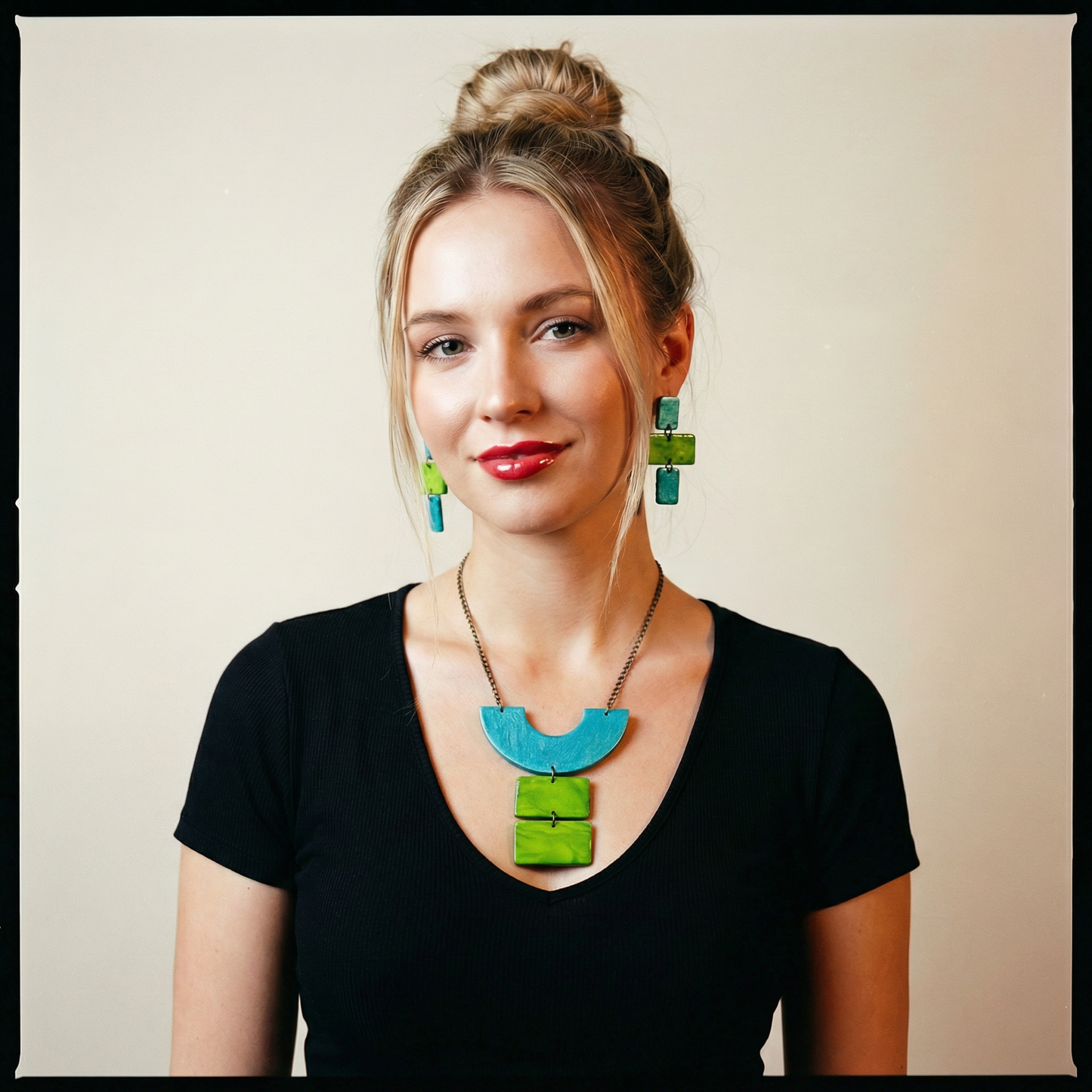 Chunky Geometric Statement Necklace, Post or Clip On Set – Handmade