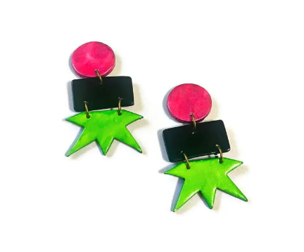 Geometric star drop earrings with pink round tops, black blocks, and neon green stars