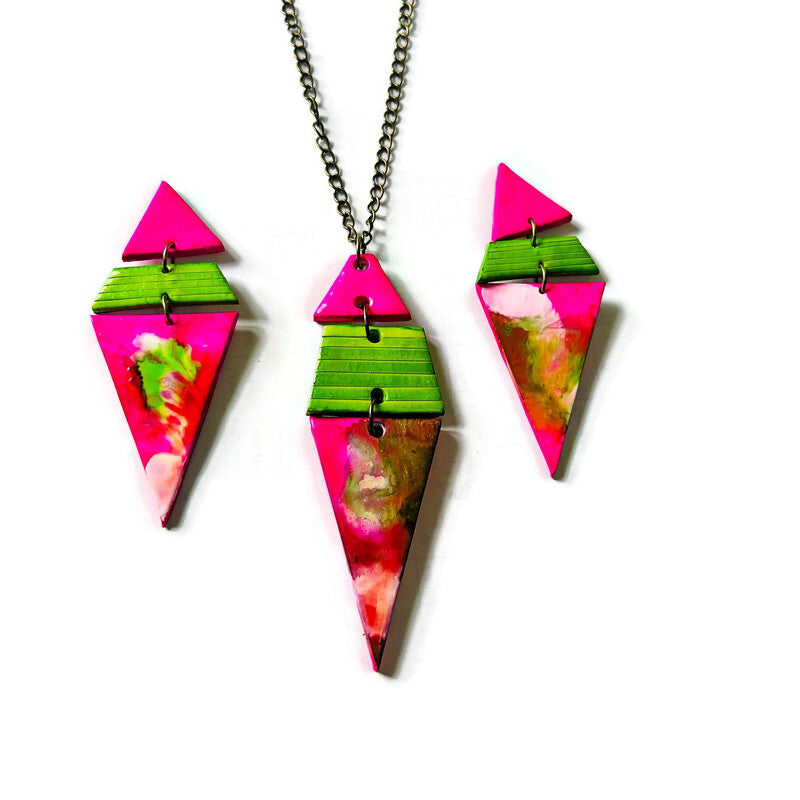 Extra Large Triangle Earrings in Hot Pink, Neon Green & White