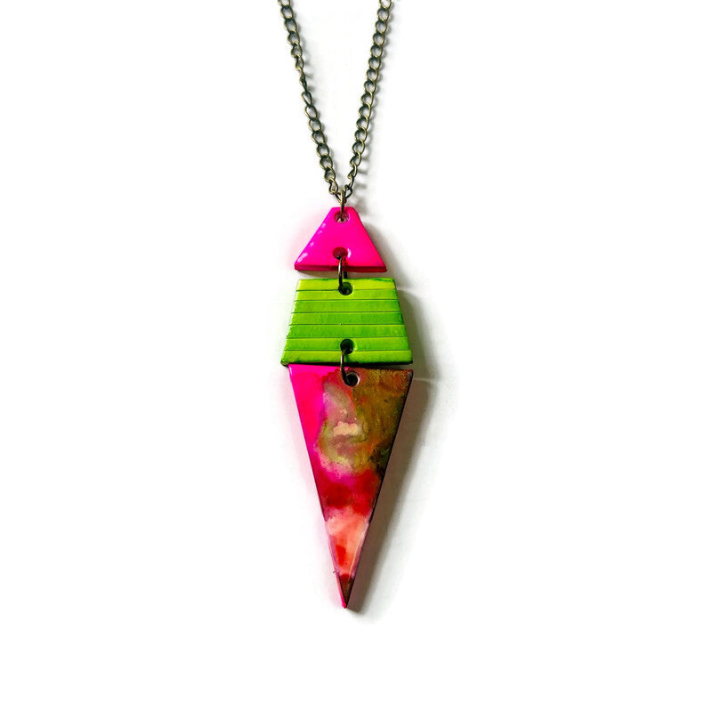 Extra Large Triangle Earrings in Hot Pink, Neon Green & White