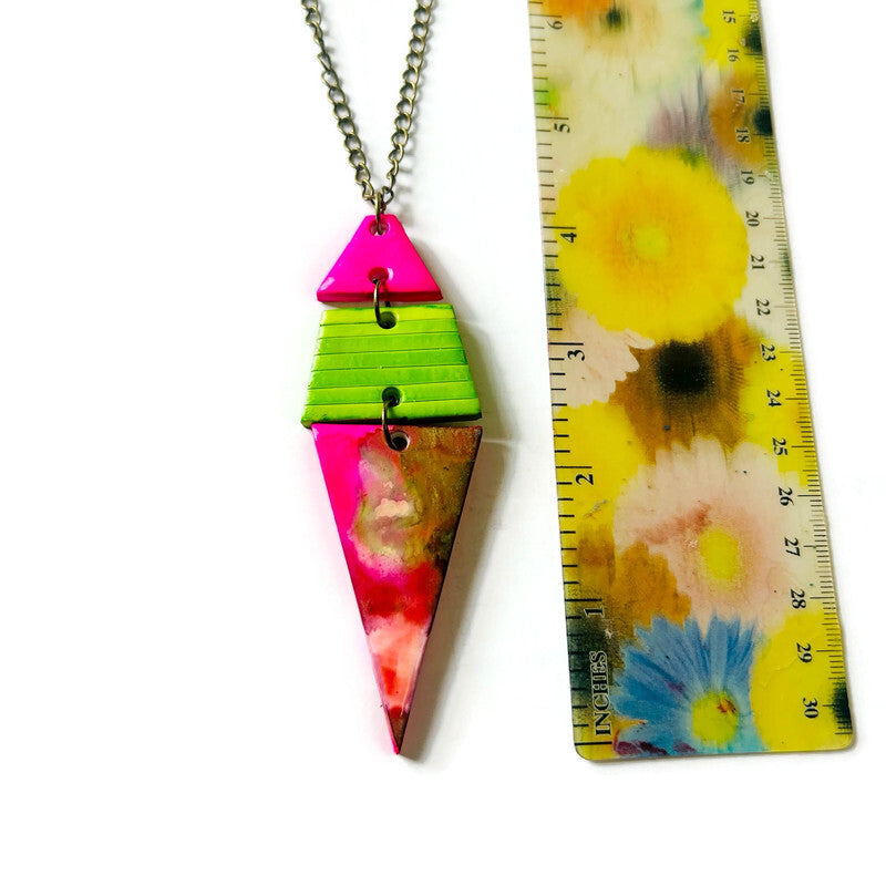 Extra Large Triangle Earrings in Hot Pink, Neon Green & White