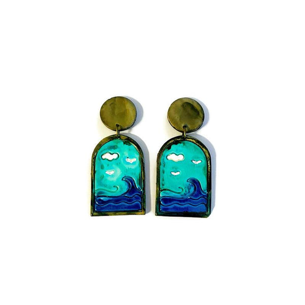 Oceanscape Clip On Earrings, Large Ocean Scene Jewelry - Sassy Sacha Jewelry