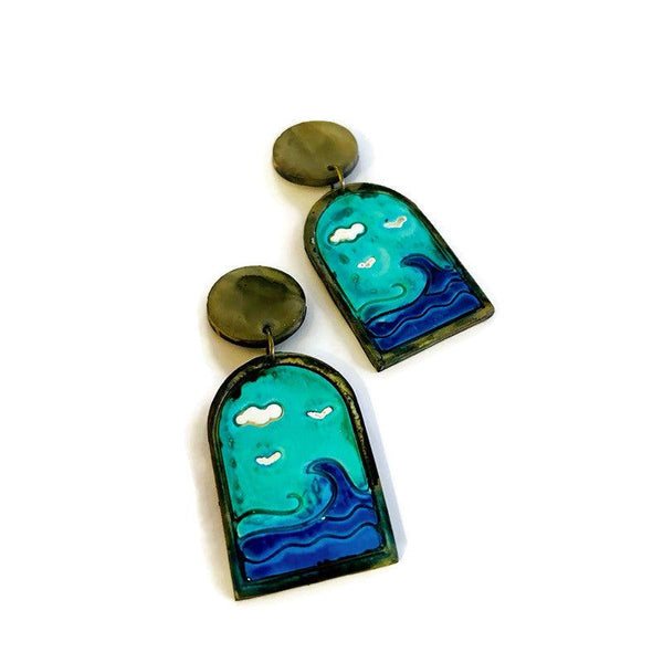 Oceanscape Clip On Earrings, Large Ocean Scene Jewelry - Sassy Sacha Jewelry