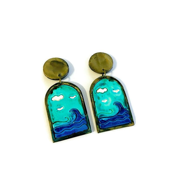 Oceanscape Clip On Earrings, Large Ocean Scene Jewelry - Sassy Sacha Jewelry