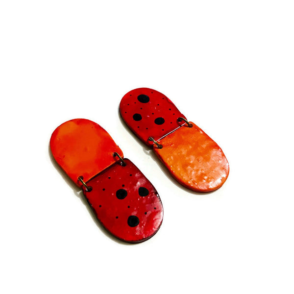 Orange & Red Mismatch Clip On Earrings with Polka Dots- "Ray" - Sassy Sacha Jewelry