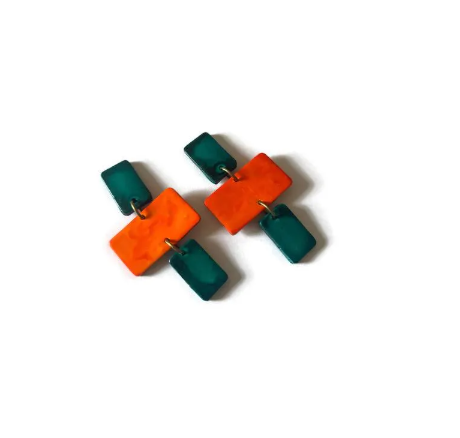 Teal & Orange Statement Necklace, Post or Clip On Set – Handmade