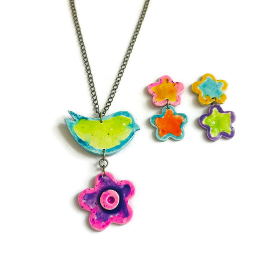 Bird & Flower Jewelry Set – Handmade Polymer Clay Necklace & Earrings