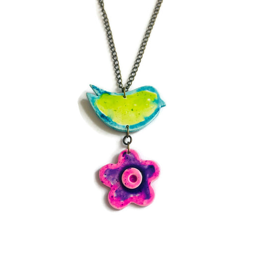 Bird & Flower Pendant Necklace – Handmade Polymer Clay Statement Jewelry