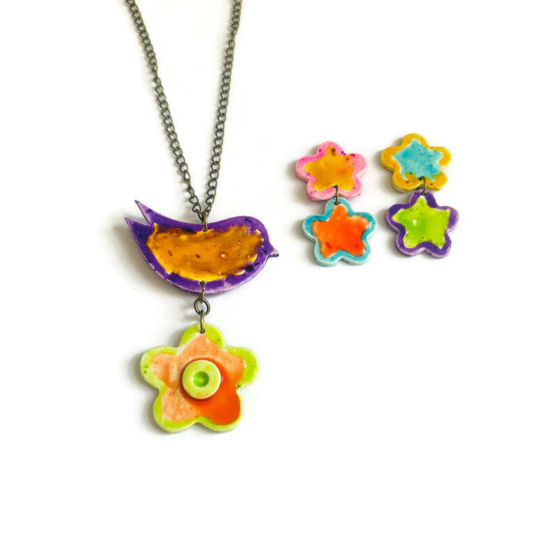 Abstract Bird & Flower Pendant Necklace – Handmade Polymer Clay Bohemian Jewelry