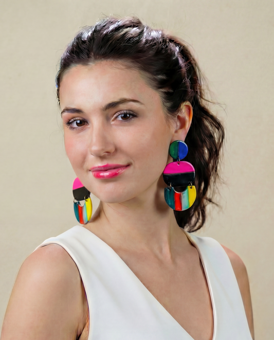 Oversized Multicolor Striped Statement Earrings Handmade