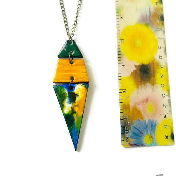 Oversized Triangle Earrings in Green Yellow & White