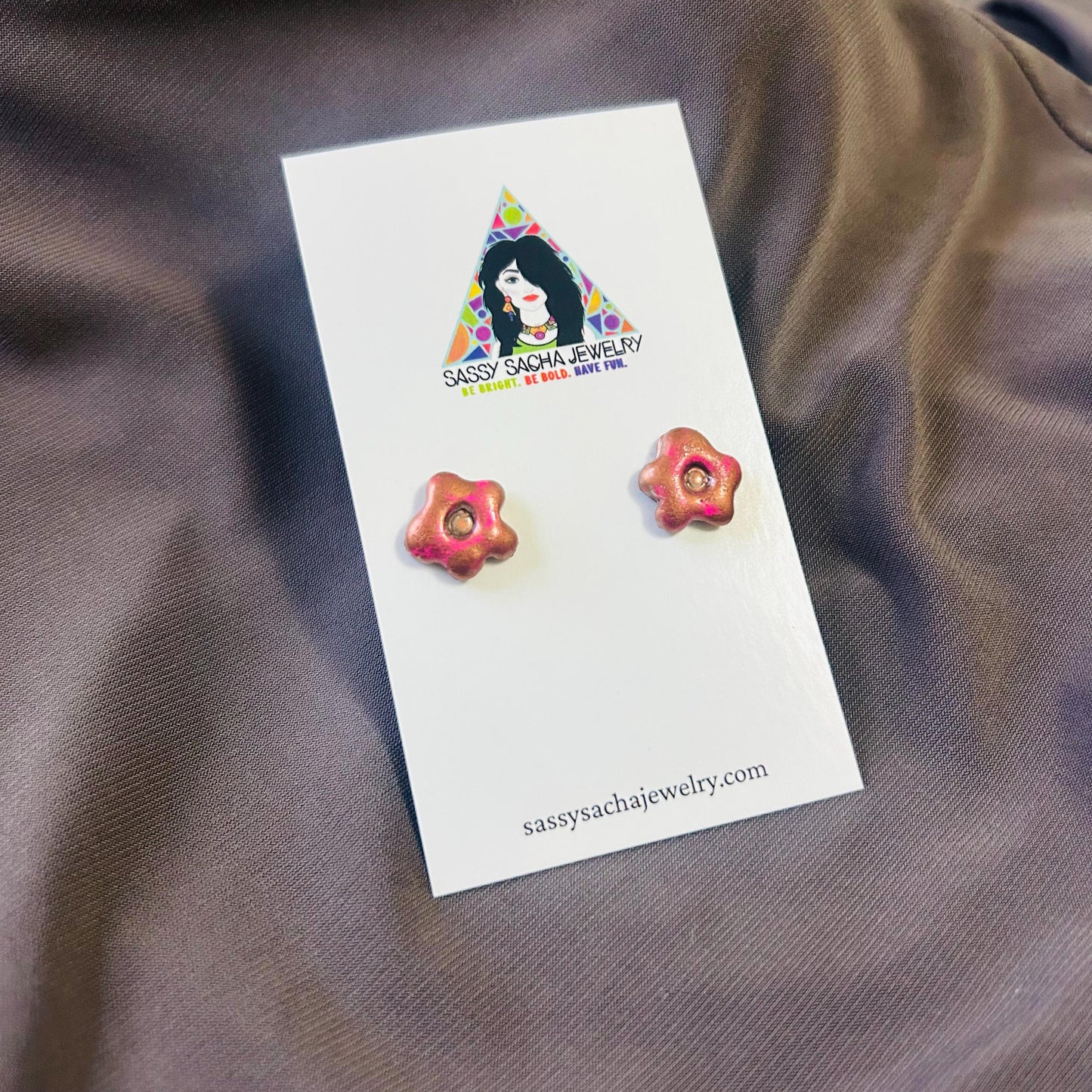 Pink and copper floral flower stud earrings, small handmade pair