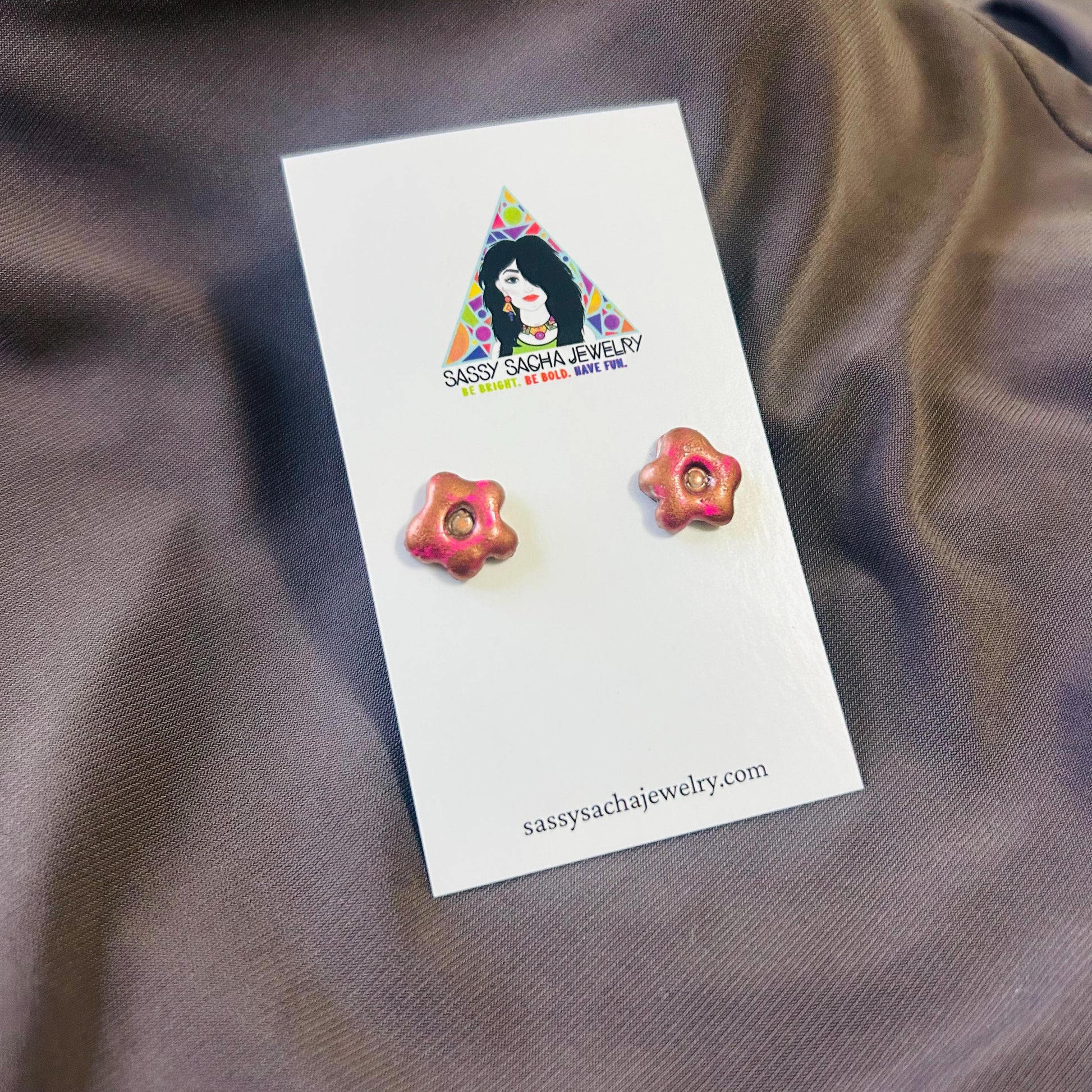 Pink and copper floral flower stud earrings, small handmade pair