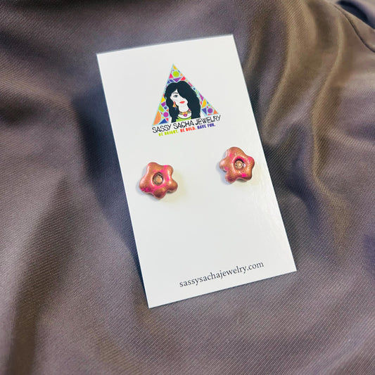 Pink and copper floral flower stud earrings, small handmade pair