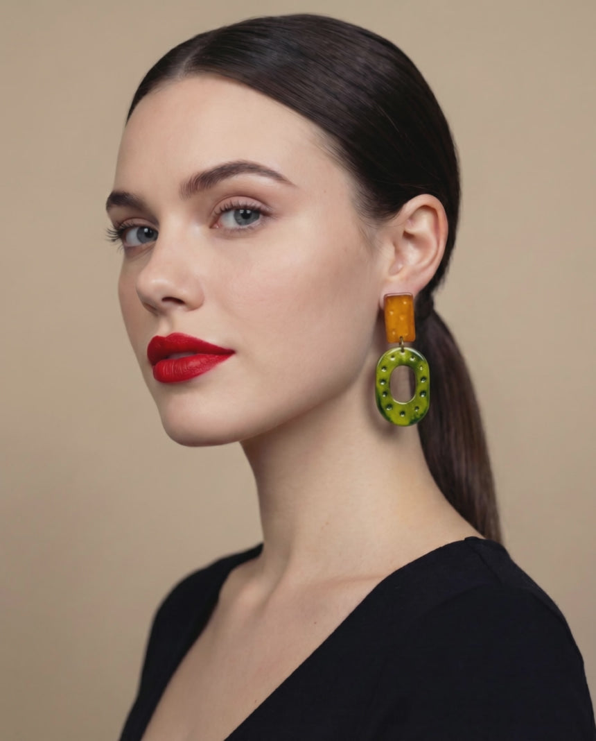 Woman wearing rustic statement earrings
