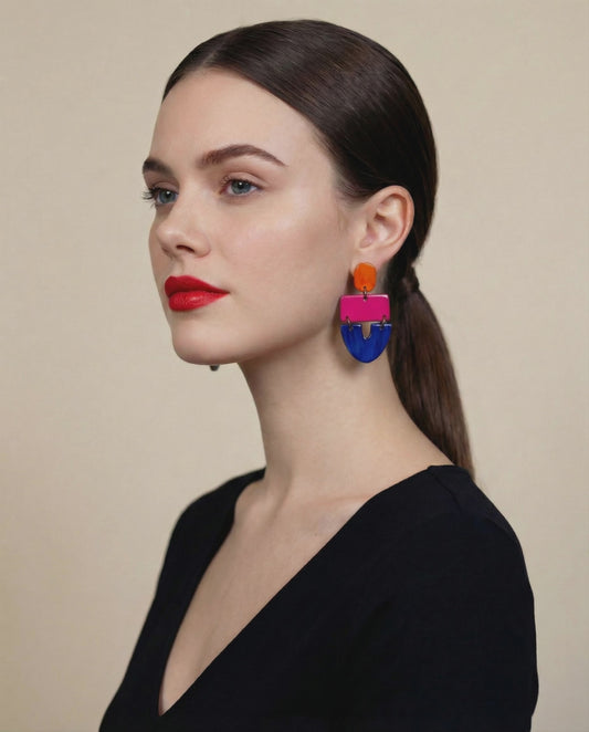 Colorful Geometric Statement Earrings Handmade, Tri Tone Drop Dangles
