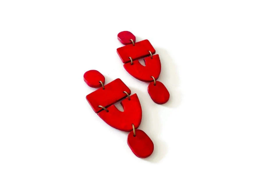 Extra Large Red Clip On Earrings Handmade "Lee"