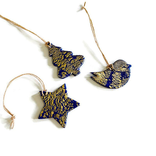 Royal Blue Dove Christmas Ornaments Handmade with Clay & Gold Flakes - Sassy Sacha Jewelry