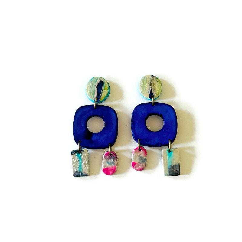 Royal Blue Statement Earrings with Abstract Accents - Sassy Sacha Jewelry