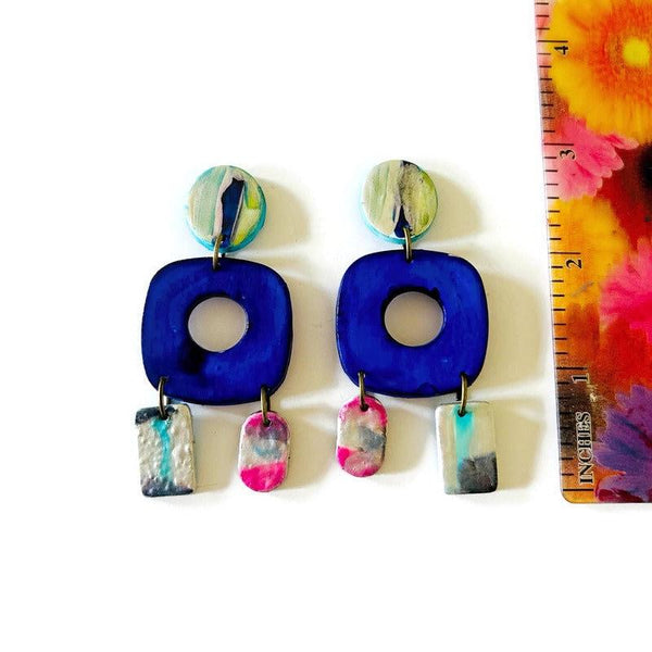 Royal Blue Statement Earrings with Abstract Accents - Sassy Sacha Jewelry