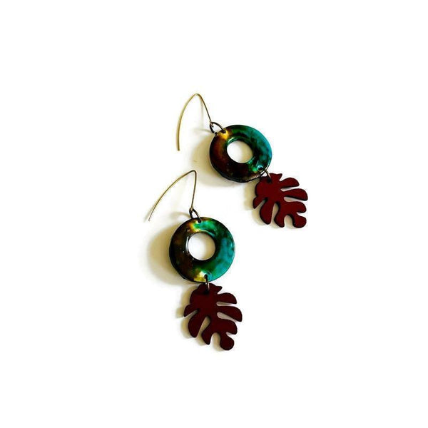 Rustic Fall Statement Dangle Earrings with Leaf - Sassy Sacha Jewelry