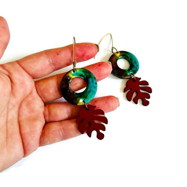 Rustic Fall Statement Dangle Earrings with Leaf - Sassy Sacha Jewelry