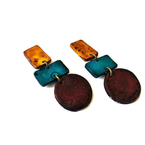 Rustic Geometric Earrings in Yellow Blue & Maroon - Sassy Sacha Jewelry