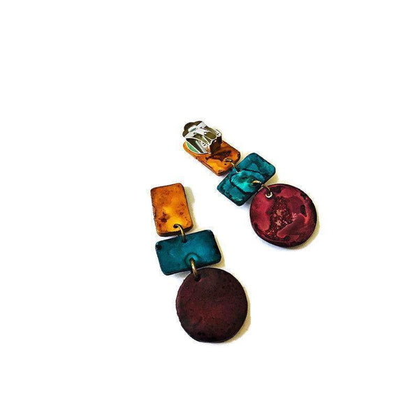 Rustic Geometric Earrings in Yellow Blue & Maroon - Sassy Sacha Jewelry