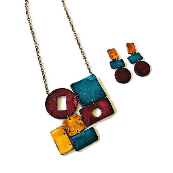 Rustic Geometric Earrings in Yellow Blue & Maroon - Sassy Sacha Jewelry