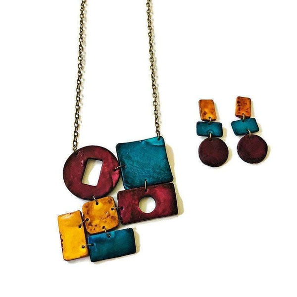 Rustic Geometric Earrings in Yellow Blue & Maroon - Sassy Sacha Jewelry