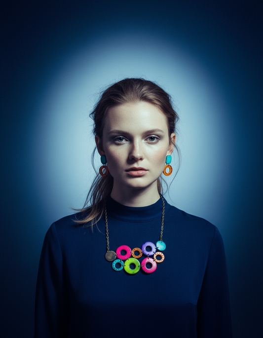 Colorful Linked Circle Jewelry Set, Statement Necklace & Earrings, Handmade Polymer Clay