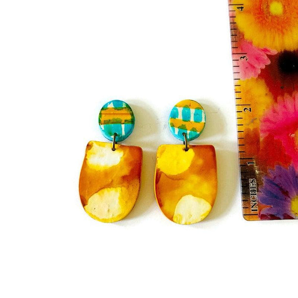 Spring Statement Earrings in Mustard Yellow, Turquoise & White - Sassy Sacha Jewelry