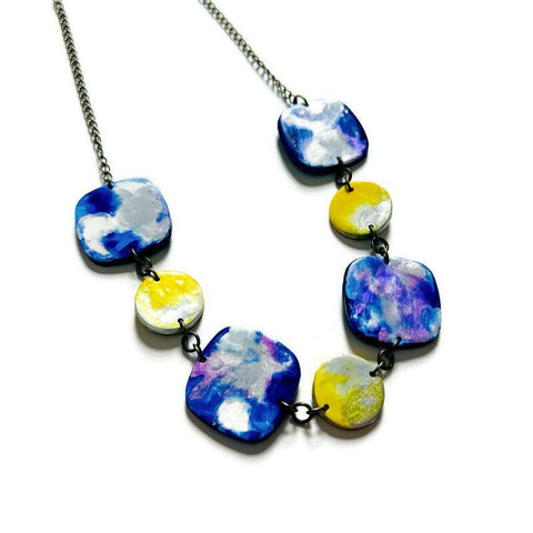 Stylish Beaded Necklace in Royal Blue, Yellow & Silver - Sassy Sacha Jewelry