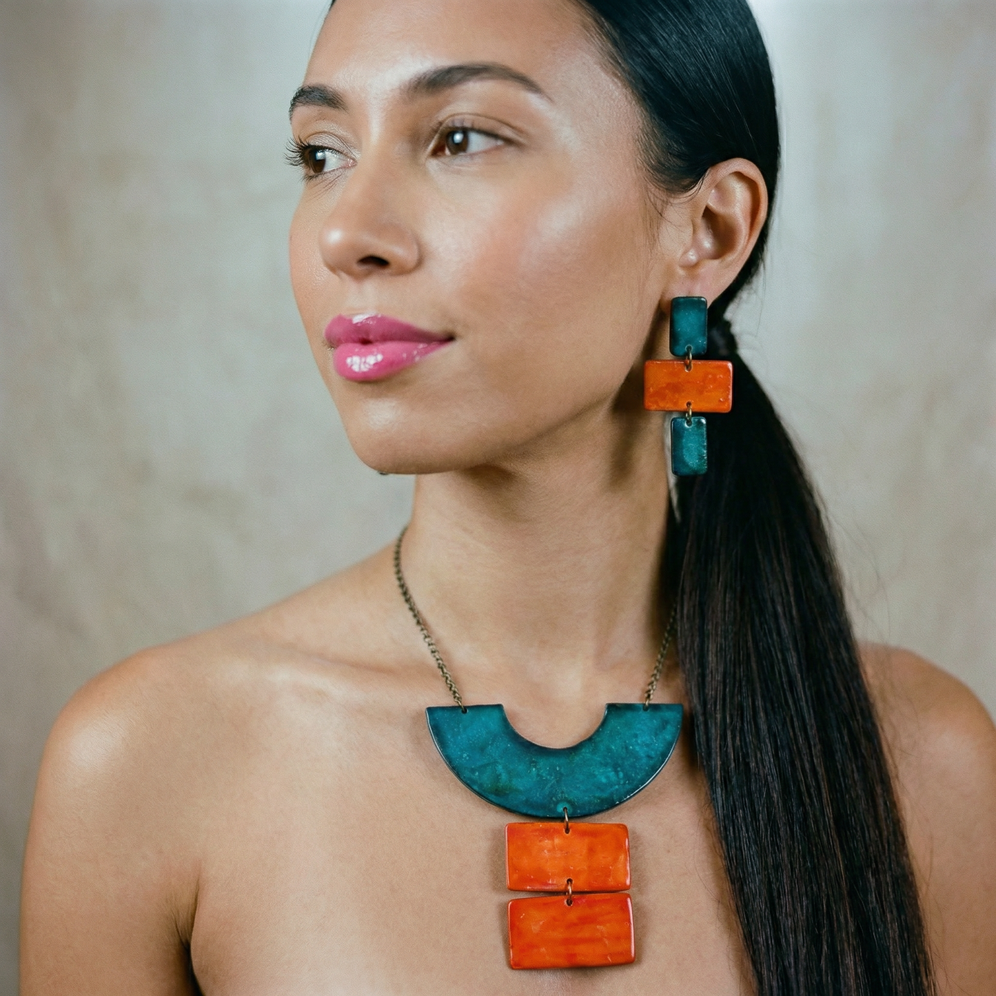 Chunky Geometric Statement Necklace, Post or Clip On Set – Handmade