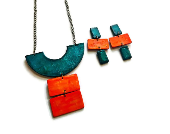 Chunky Geometric Statement Necklace, Post or Clip On Set – Handmade