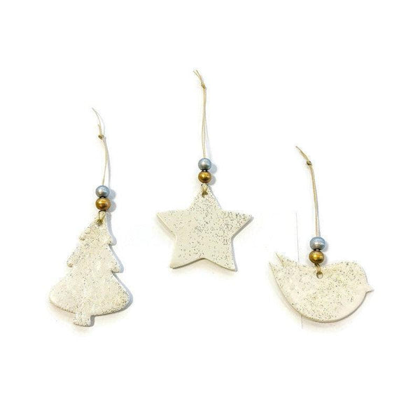 Tree Shaped Christmas Ornament White with Gold & Silver Sparkles - Sassy Sacha Jewelry