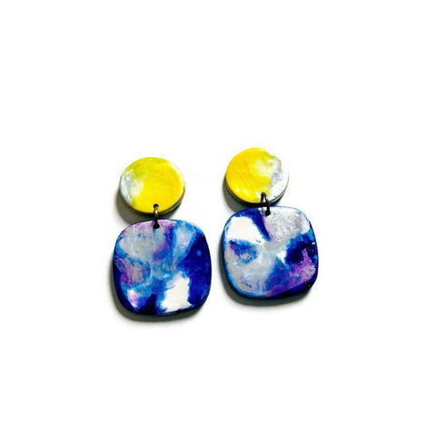 Trendy Statement Earrings in Royal Blue, Yellow & Silver - Sassy Sacha Jewelry