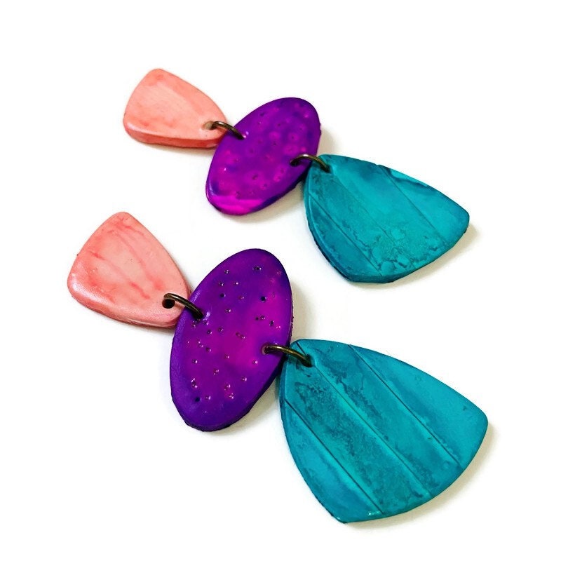 Tri Color Clip On Statement Earrings Handmade- "Amy" - Sassy Sacha Jewelry