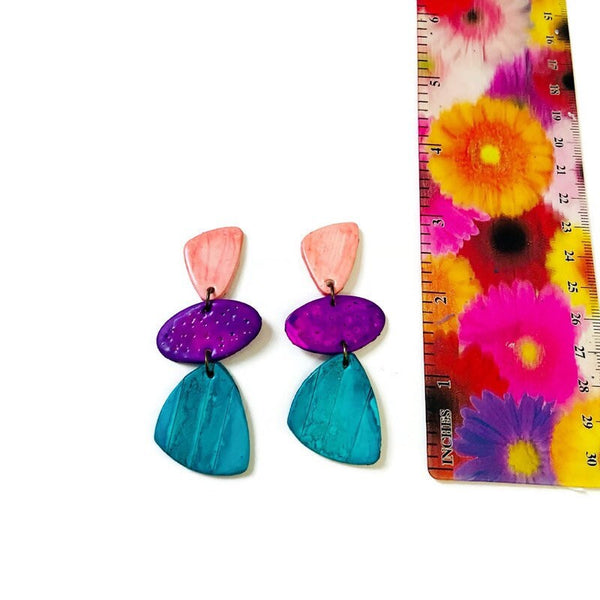 Tri Color Clip On Statement Earrings Handmade- "Amy" - Sassy Sacha Jewelry