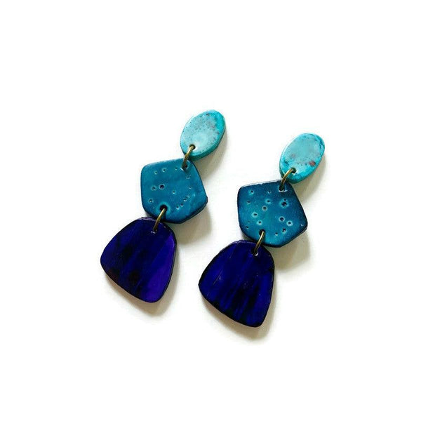 Tri Tone Blue Statement Earrings Handmade, Post or Clip Ons - Sassy Sacha Jewelry