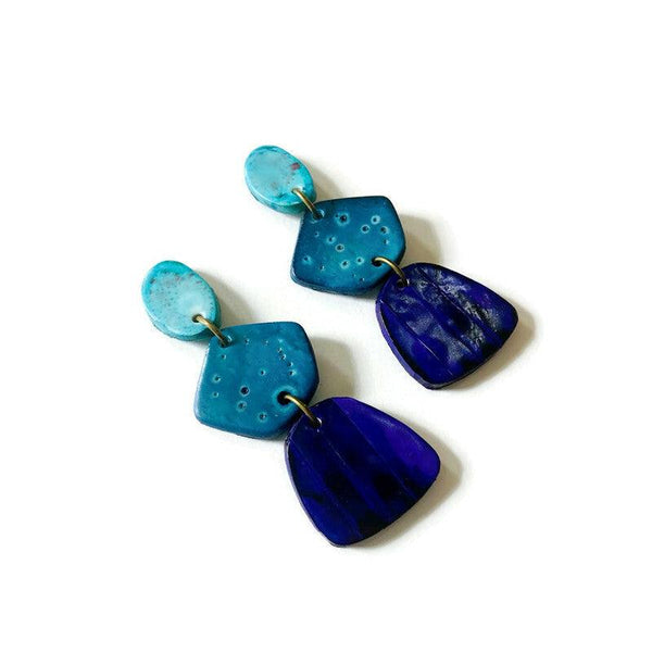 Tri Tone Blue Statement Earrings Handmade, Post or Clip Ons - Sassy Sacha Jewelry