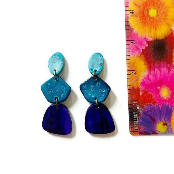 Tri Tone Blue Statement Earrings Handmade, Post or Clip Ons - Sassy Sacha Jewelry