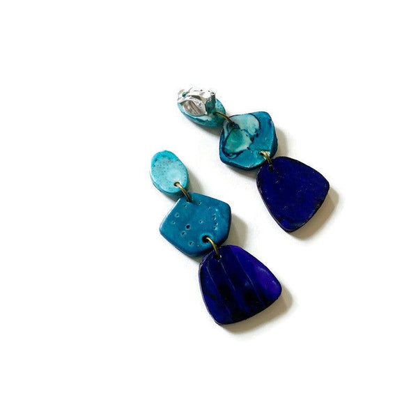 Tri Tone Blue Statement Earrings Handmade, Post or Clip Ons - Sassy Sacha Jewelry