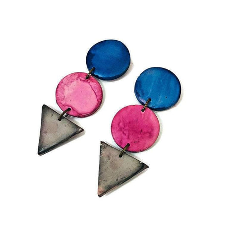 Tri Tone Statement Earrings in Blue Pink Grey- Post or Clip On - Sassy Sacha Jewelry