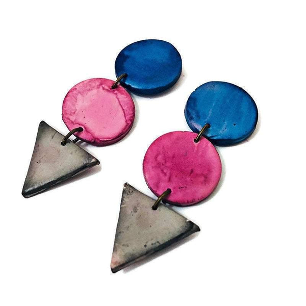 Tri Tone Statement Earrings in Blue Pink Grey- Post or Clip On - Sassy Sacha Jewelry