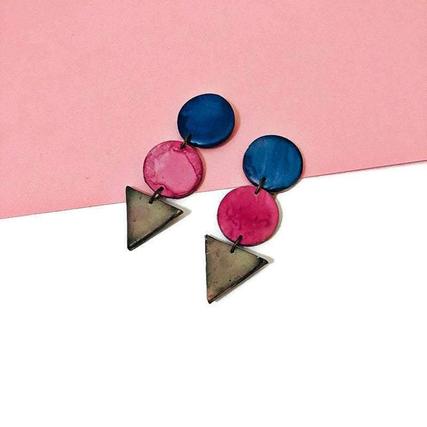 Tri Tone Statement Earrings in Blue Pink Grey- Post or Clip On - Sassy Sacha Jewelry