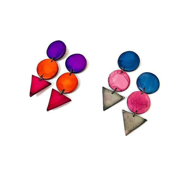 Tri Tone Statement Earrings in Blue Pink Grey- Post or Clip On - Sassy Sacha Jewelry