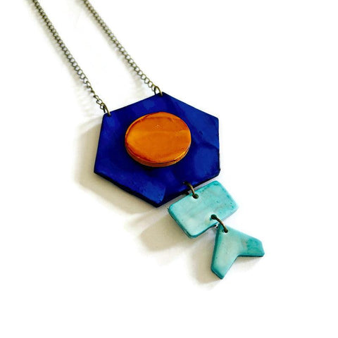 Unique Geometric Pendant Necklace in Blue Yellow - Sassy Sacha Jewelry