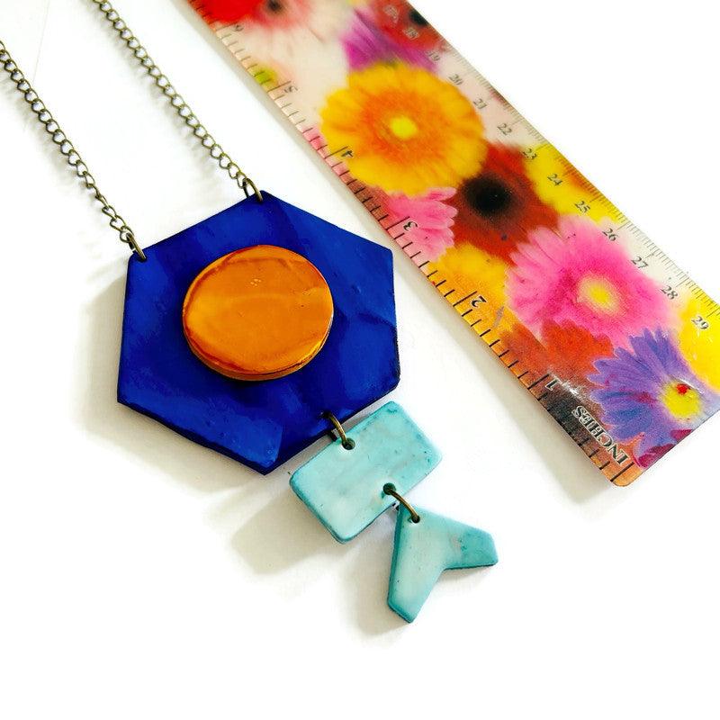 Unique Geometric Pendant Necklace in Blue Yellow - Sassy Sacha Jewelry